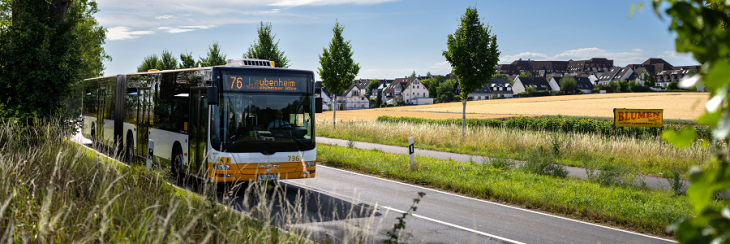 Ein Bus der Mainzer Mobilität fährt bei Sonnenschein auf einer Straße im Grünen